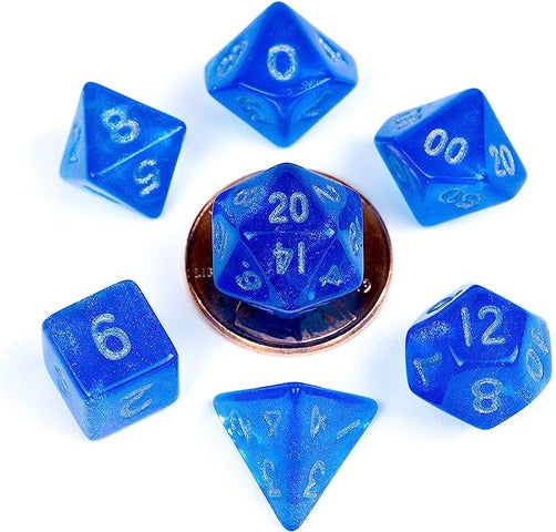 7 COUNT MINI DICE POLY SET: STARDUST BLUE W/ SILVER NUMBERS