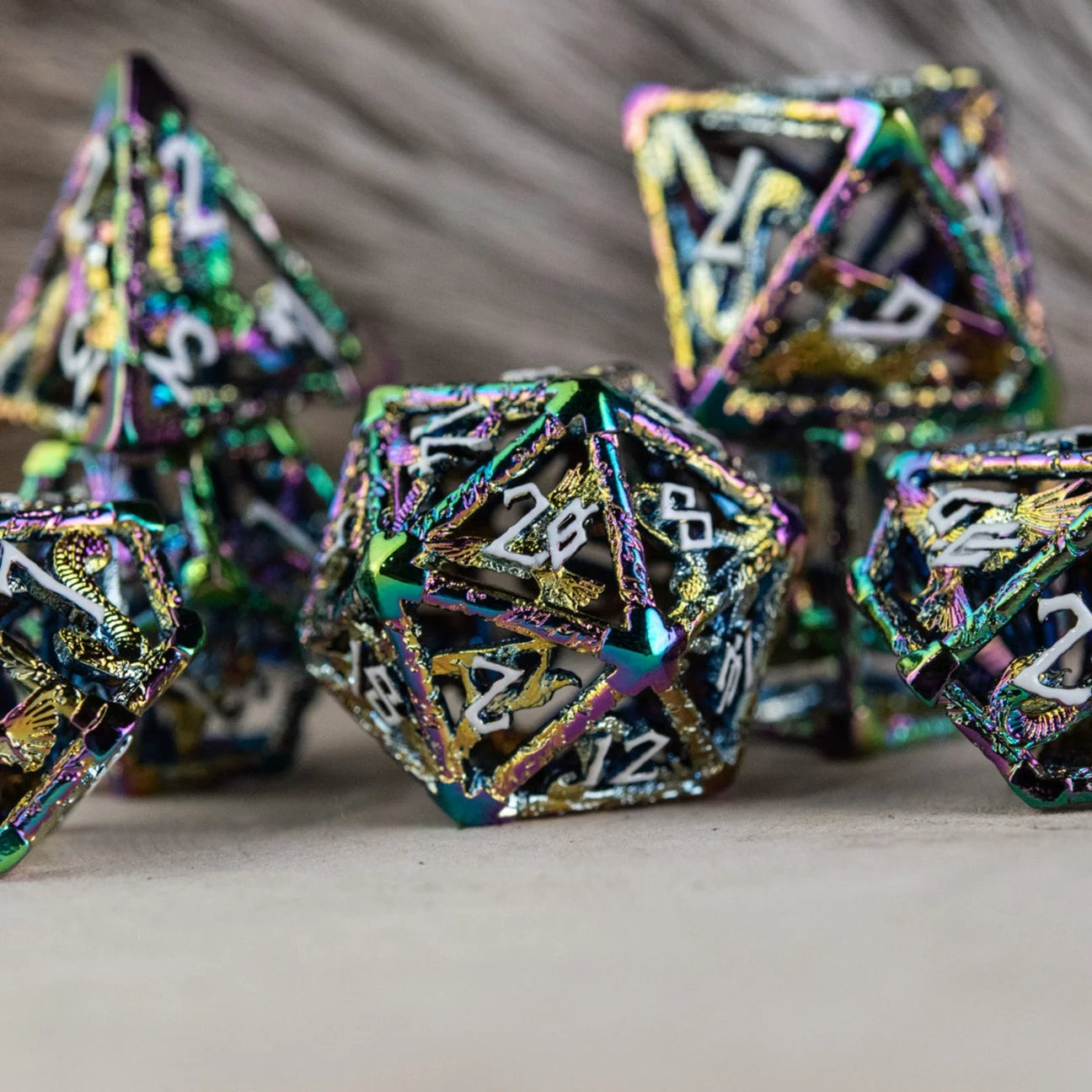 Misty Mountain- Legends of Valhalla - Iridescent and White Hollow Metal Dice Set