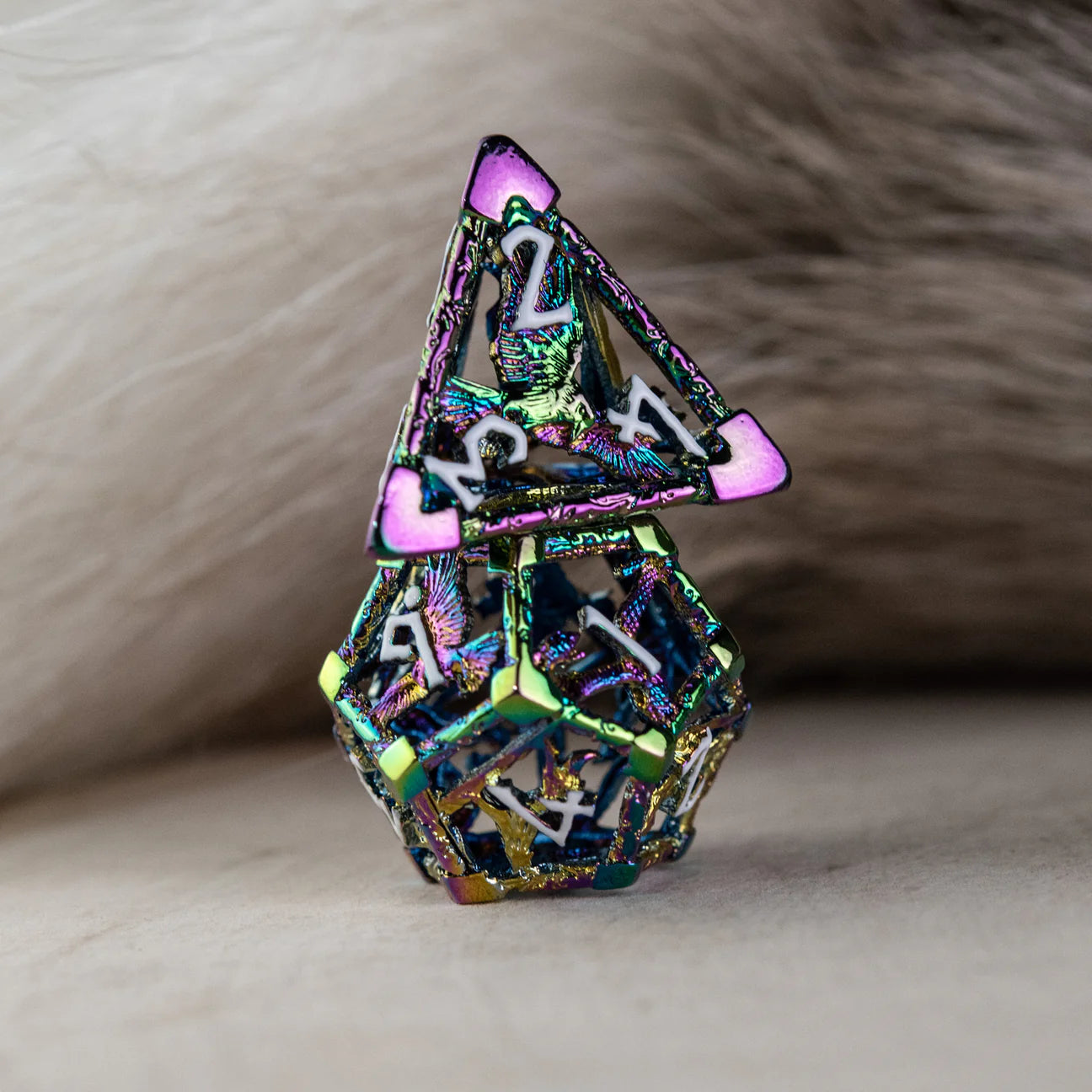 Misty Mountain- Legends of Valhalla - Iridescent and White Hollow Metal Dice Set