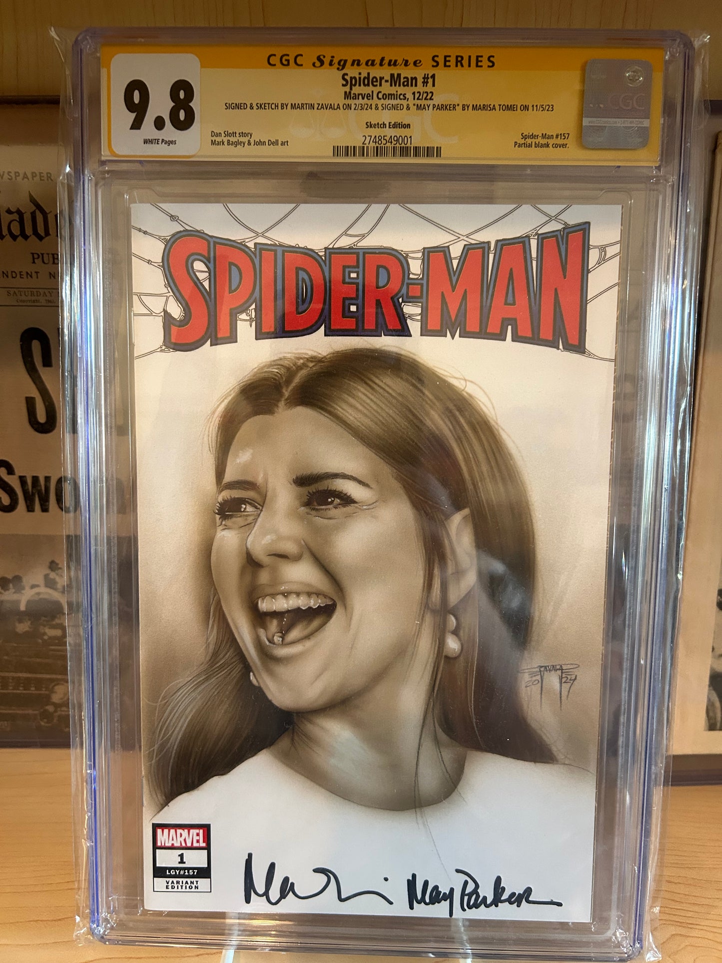 Spider-Man #1 (Signed and Sketched by Martin Zavala on 2/3/24 and Signed by Marisa Tomei as “May Parker” on 11/5/23