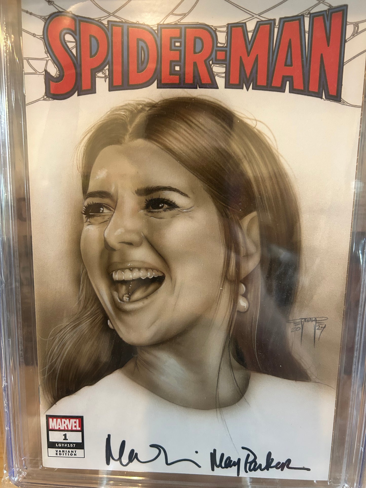 Spider-Man #1 (Signed and Sketched by Martin Zavala on 2/3/24 and Signed by Marisa Tomei as “May Parker” on 11/5/23