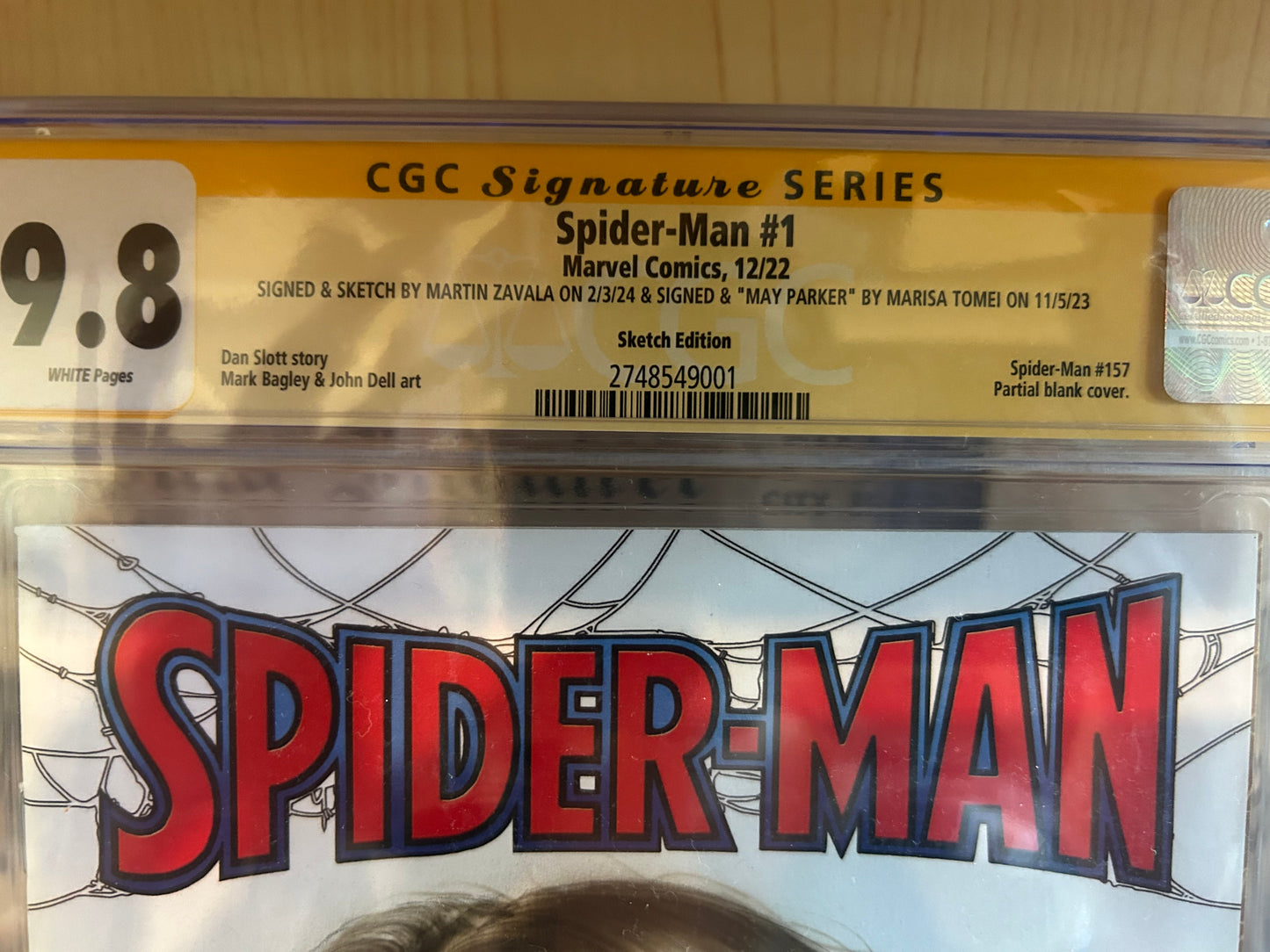 Spider-Man #1 (Signed and Sketched by Martin Zavala on 2/3/24 and Signed by Marisa Tomei as “May Parker” on 11/5/23