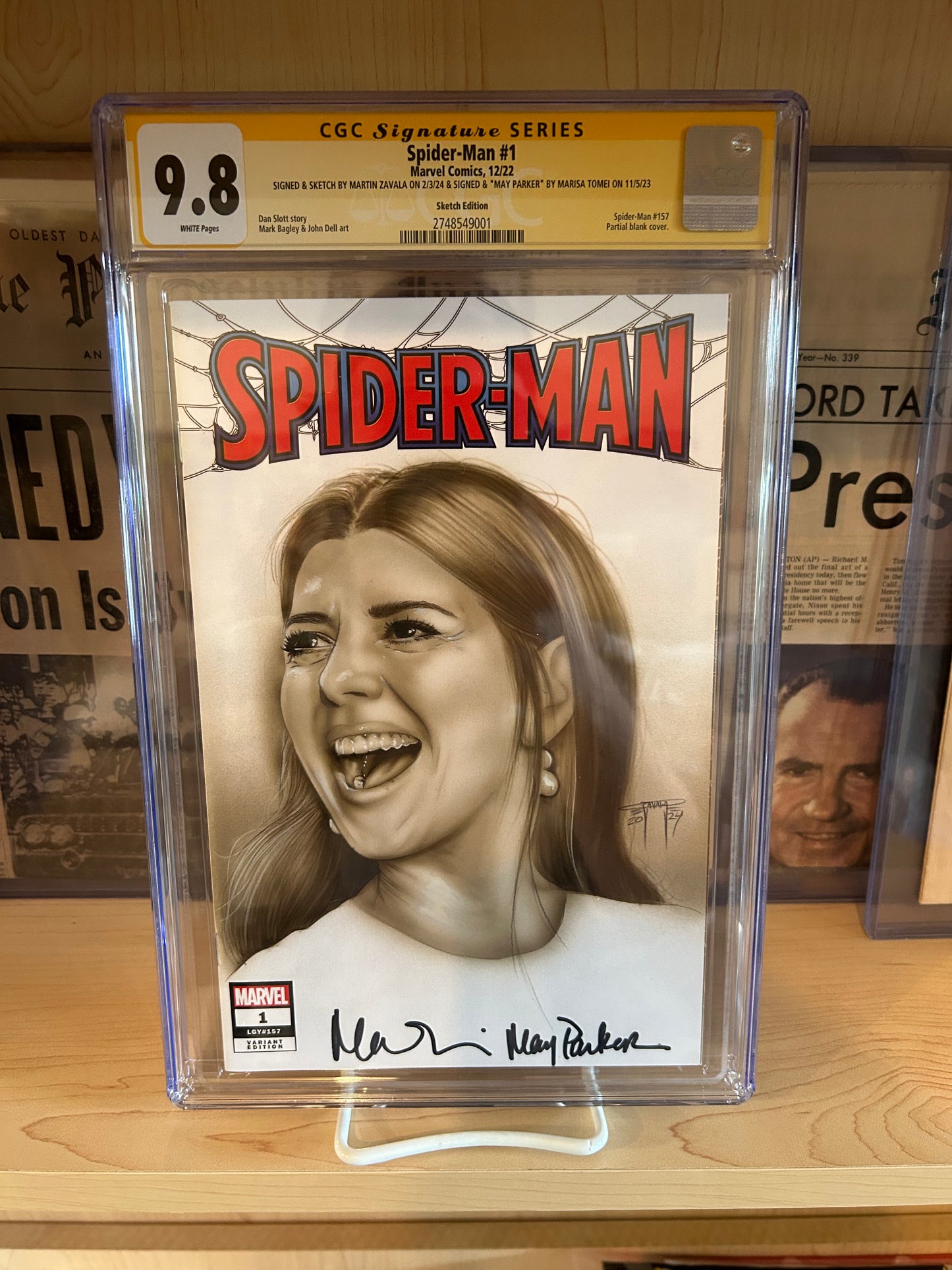 Spider-Man #1 (Signed and Sketched by Martin Zavala on 2/3/24 and Signed by Marisa Tomei as “May Parker” on 11/5/23