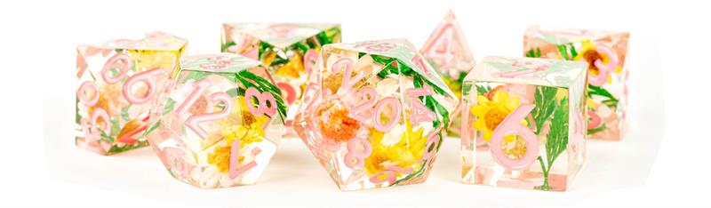 MDG Sharp Edge Resin Dice- Chrysanthemum w/ Pink Numbers
