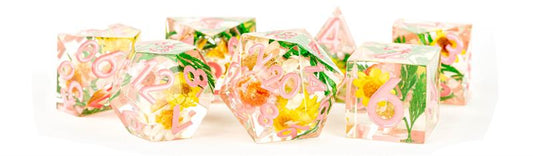 MDG Sharp Edge Resin Dice- Chrysanthemum w/ Pink Numbers