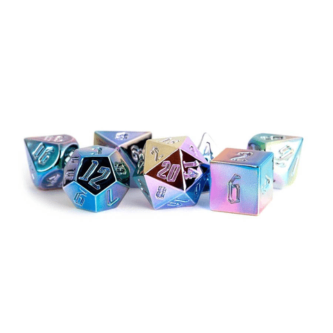 7ct Aluminum Plated Acrylic Metal Poly Dice 16mm Rainbow Aegis Uninked