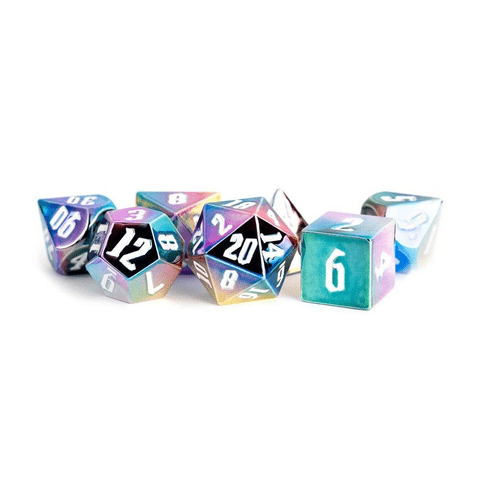 7ct Aluminum Plated Acrylic Metal Poly Dice 16mm Rainbow Aegis with White Numbers