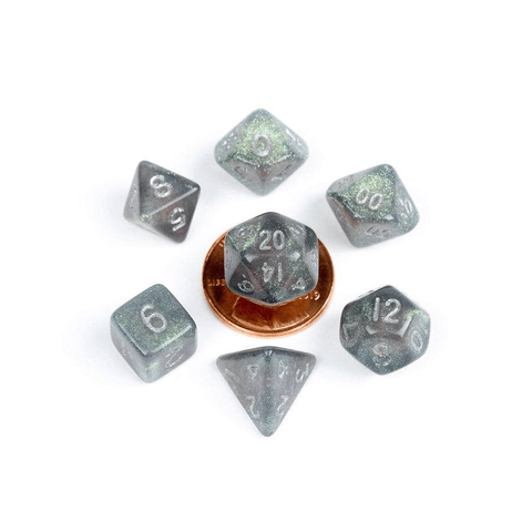 7 Count Mini Poly Dice Set: Stardust Grey with Silver Numbers