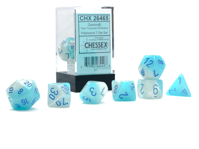 Chessex Gemini Pearl Turquoise-White/Blue Luminary 7 Die Set